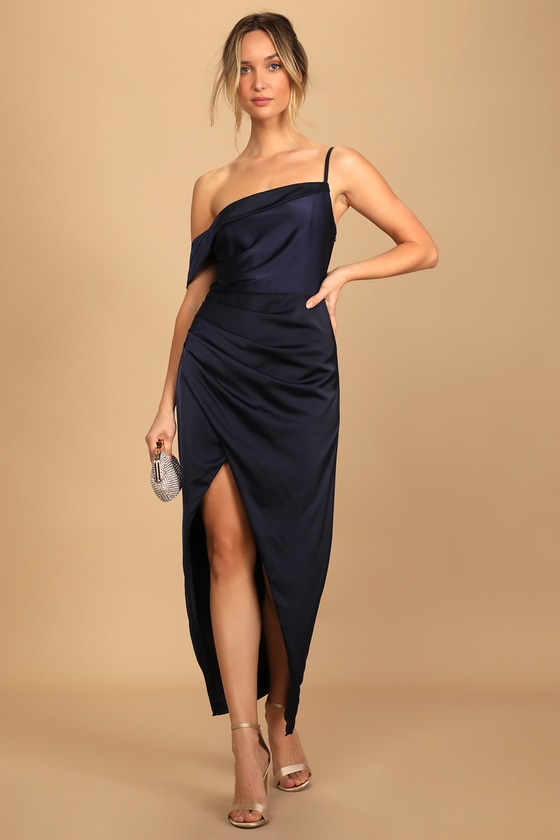 Navy Midi Dress - Asymmetrical Dress ...
